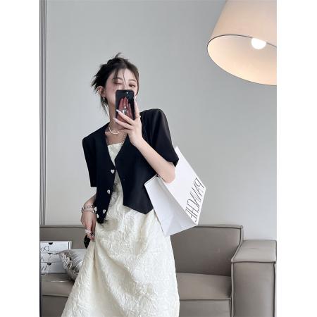 BY11811# 法式小众纹理感蝴蝶结吊带连衣裙黑色短款西装外套女套装 服裝批發女裝批發服飾貨源