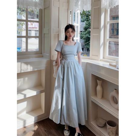 BY11812# 法式高级感极简风高腰显瘦镂空方领拼接针织长款连衣裙女 服裝批發女裝批發服飾貨源