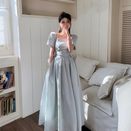 BY11812# 法式高级感极简风高腰显瘦镂空方领拼接针织长款连衣裙女 服裝批發女裝批發服飾貨源