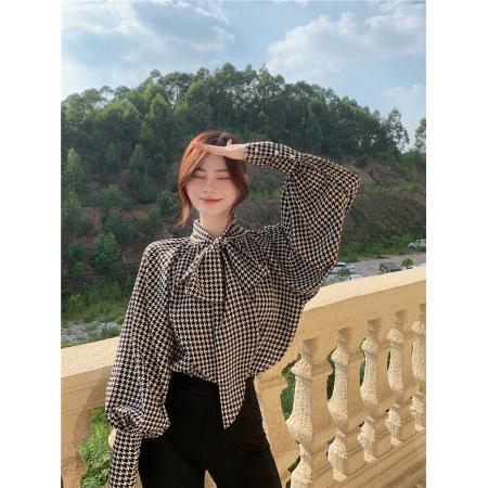 BY11814# 千鸟格飘带衬衣绑带蝙蝠袖蝴蝶结宽松显瘦打底小众女衬衫 服裝批發女裝批發服飾貨源