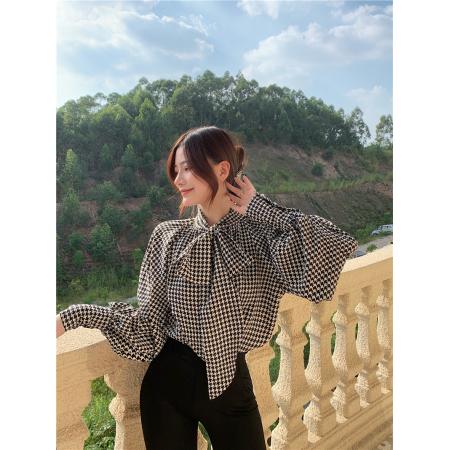 BY11814# 千鸟格飘带衬衣绑带蝙蝠袖蝴蝶结宽松显瘦打底小众女衬衫 服裝批發女裝批發服飾貨源