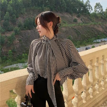 BY11814# 千鸟格飘带衬衣绑带蝙蝠袖蝴蝶结宽松显瘦打底小众女衬衫 服裝批發女裝批發服飾貨源