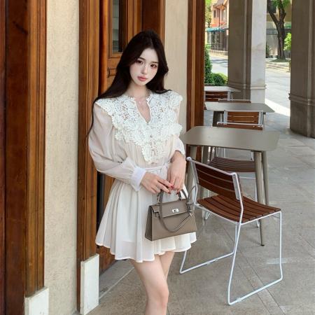 BY11816# 法式白色蕾丝花边v领雪纺连衣裙收腰灯笼袖短裙含飘带 服裝批發女裝批發服飾貨源