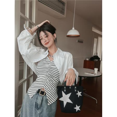 BY11817# 韩版V领条纹开叉背心宽松显瘦白色衬衫加两件套气质上衣 服裝批發女裝批發服飾貨源