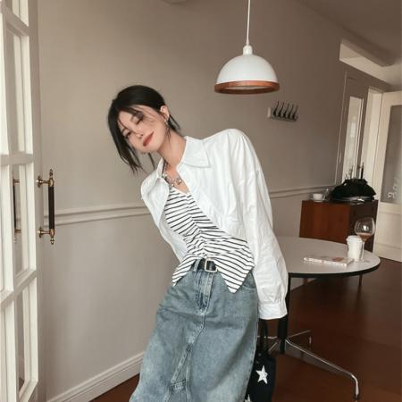 BY11817# 韩版V领条纹开叉背心宽松显瘦白色衬衫加两件套气质上衣 服裝批發女裝批發服飾貨源