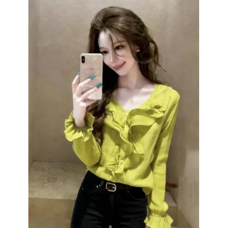 BY11818# 复古牛油果绿荷叶边V领长袖衬衫女春季新款休闲通勤百搭显瘦上衣 服裝批發女裝批發服飾貨源