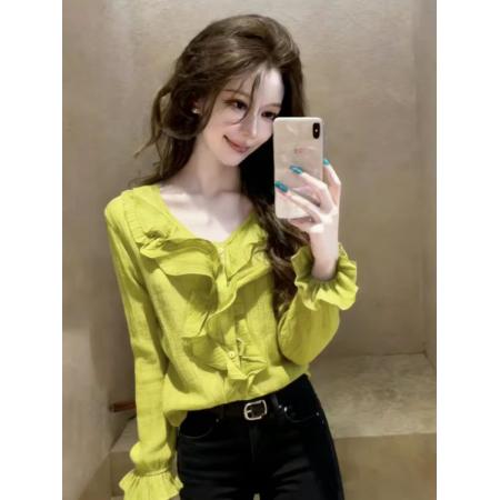 BY11818# 复古牛油果绿荷叶边V领长袖衬衫女春季新款休闲通勤百搭显瘦上衣 服裝批發女裝批發服飾貨源