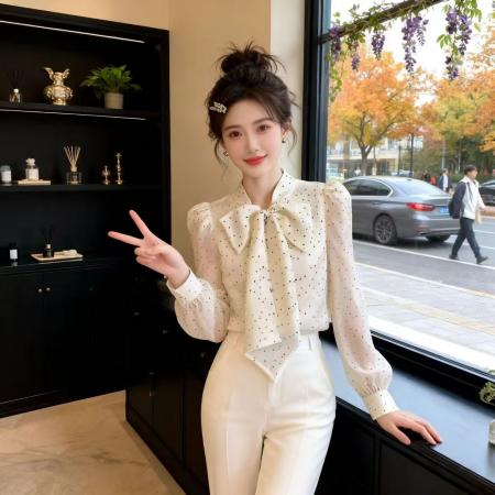 BY11819# 超好看法式白色波点蝴蝶结衬衫上衣女新款春季高级感通勤衬衣 服裝批發女裝批發服飾貨源