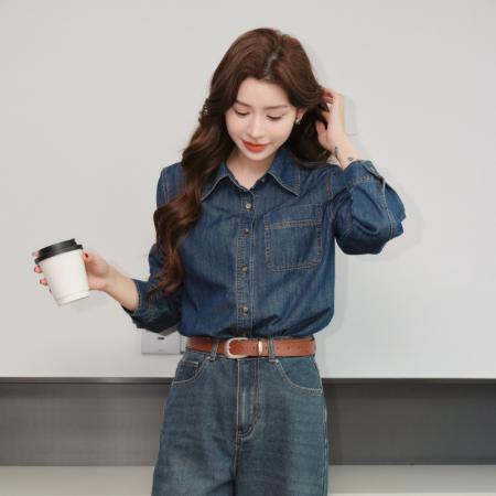 BY11820# 叠穿内搭复古港风衬衣外套女春季长袖牛仔衬衫上衣设计感 服裝批發女裝批發服飾貨源