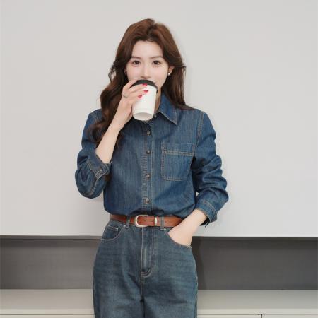 BY11820# 叠穿内搭复古港风衬衣外套女春季长袖牛仔衬衫上衣设计感 服裝批發女裝批發服飾貨源