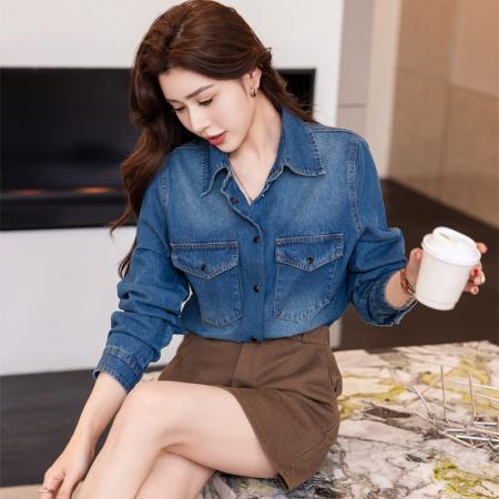 BY11821# 秦岚章若楠同款复古牛仔衬衫叠穿内搭女正肩打底上衣宽松外套 服裝批發女裝批發服飾貨源