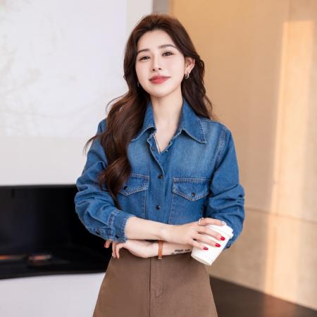 BY11821# 秦岚章若楠同款复古牛仔衬衫叠穿内搭女正肩打底上衣宽松外套 服裝批發女裝批發服飾貨源