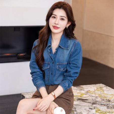 BY11821# 秦岚章若楠同款复古牛仔衬衫叠穿内搭女正肩打底上衣宽松外套 服裝批發女裝批發服飾貨源