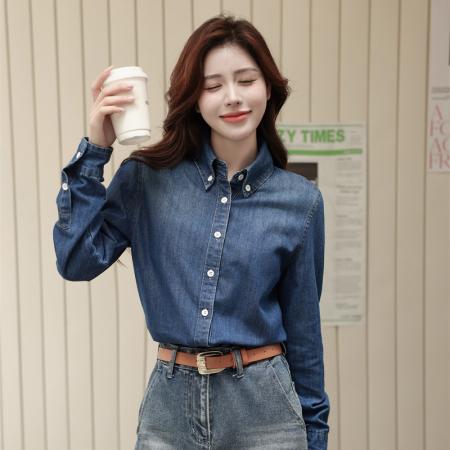 BY11822# 复古蓝色牛仔衬衫女秋季新款休闲通勤气质百搭上衣 服裝批發女裝批發服飾貨源