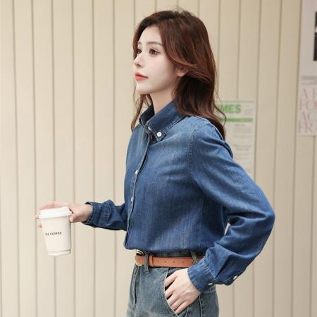 BY11822# 复古蓝色牛仔衬衫女秋季新款休闲通勤气质百搭上衣 服裝批發女裝批發服飾貨源