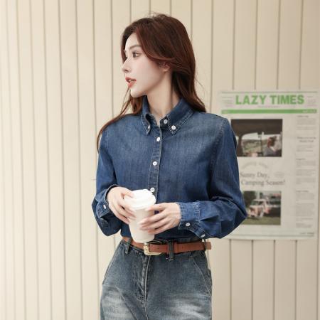 BY11822# 复古蓝色牛仔衬衫女秋季新款休闲通勤气质百搭上衣 服裝批發女裝批發服飾貨源