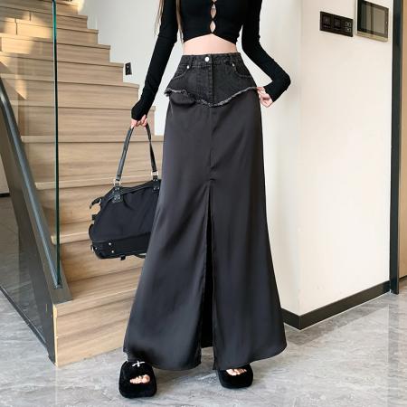 BY11823# 设计感高腰牛仔拼接黑色包臀裙夏季新款纯欲气质开叉长裙女 服裝批發女裝批發服飾貨源