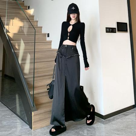 BY11823# 设计感高腰牛仔拼接黑色包臀裙夏季新款纯欲气质开叉长裙女 服裝批發女裝批發服飾貨源