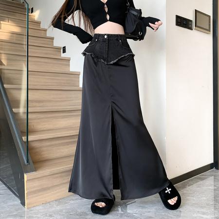 BY11823# 设计感高腰牛仔拼接黑色包臀裙夏季新款纯欲气质开叉长裙女 服裝批發女裝批發服飾貨源