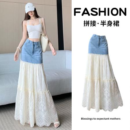 BY11826# 仙女蕾丝拼接半身裙女夏季薄款设计感拼接牛仔裙子显瘦网纱裙 服裝批發女裝批發服飾貨源
