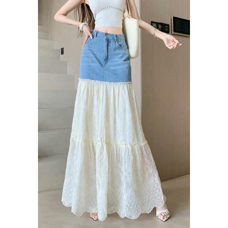BY11826# 仙女蕾丝拼接半身裙女夏季薄款设计感拼接牛仔裙子显瘦网纱裙 服裝批發女裝批發服飾貨源