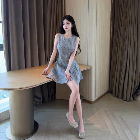 BY11827# 圆领无袖收腰显瘦性感连衣裙女夏季新款灰色收腰背心裙 服裝批發女裝批發服飾貨源