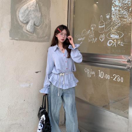 BY11828# 时髦高级感收腰爱心刺绣衬衫女超好看别致法式洋气上衣 服裝批發女裝批發服飾貨源