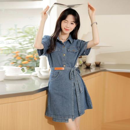 BY11829# 牛仔连衣裙女夏季新款法式高端洋气独特别致显瘦系带A字裙子 服裝批發女裝批發服飾貨源