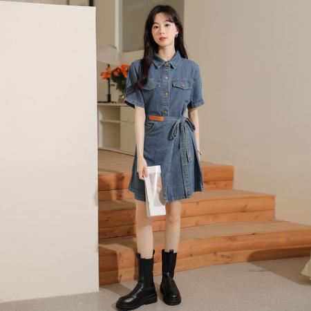 BY11829# 牛仔连衣裙女夏季新款法式高端洋气独特别致显瘦系带A字裙子 服裝批發女裝批發服飾貨源