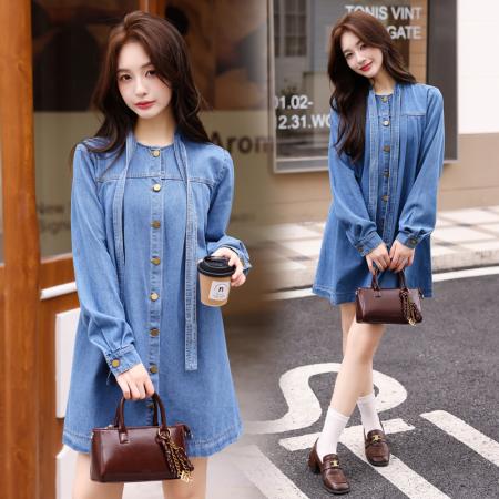 BY11831# 复古蝴蝶结牛仔连衣裙秋季度假裙子长袖小众不撞款a字连身裙 服裝批發女裝批發服飾貨源