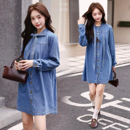 BY11831# 复古蝴蝶结牛仔连衣裙秋季度假裙子长袖小众不撞款a字连身裙 服裝批發女裝批發服飾貨源