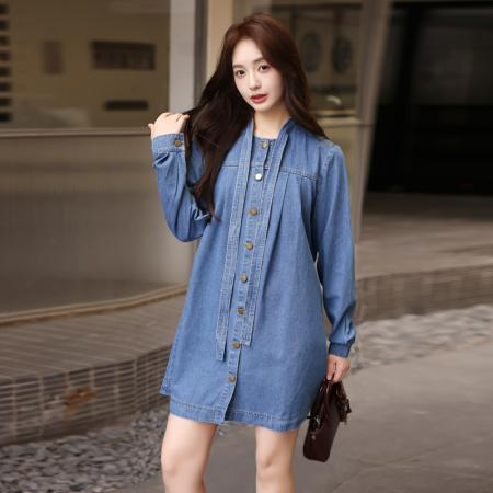 BY11831# 复古蝴蝶结牛仔连衣裙秋季度假裙子长袖小众不撞款a字连身裙 服裝批發女裝批發服飾貨源
