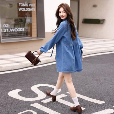 BY11831# 复古蝴蝶结牛仔连衣裙秋季度假裙子长袖小众不撞款a字连身裙 服裝批發女裝批發服飾貨源