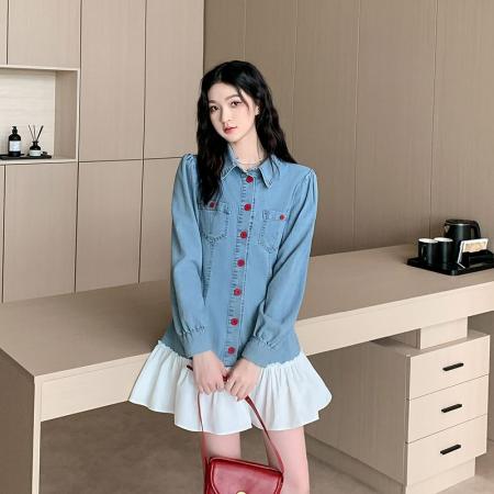 BY11832# 高级感牛仔拼接连衣裙女春季气质时髦超火荷叶边短裙子 服裝批發女裝批發服飾貨源