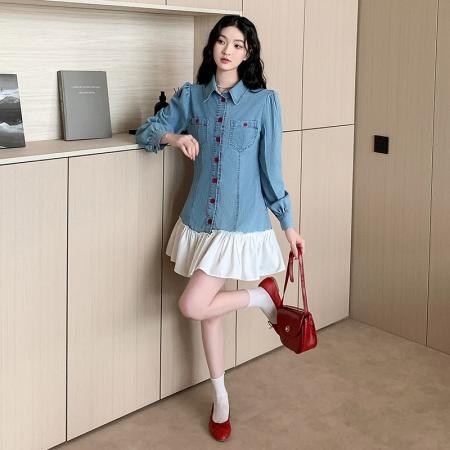 BY11832# 高级感牛仔拼接连衣裙女春季气质时髦超火荷叶边短裙子 服裝批發女裝批發服飾貨源