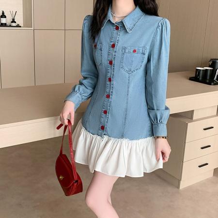 BY11832# 高级感牛仔拼接连衣裙女春季气质时髦超火荷叶边短裙子 服裝批發女裝批發服飾貨源