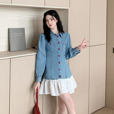 BY11832# 高级感牛仔拼接连衣裙女春季气质时髦超火荷叶边短裙子 服裝批發女裝批發服飾貨源