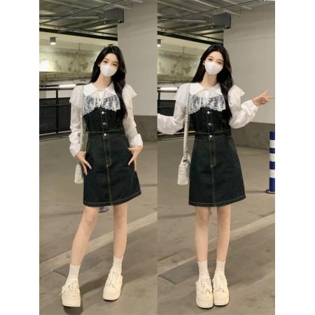 BY11833# ～大码女装时尚高级感显瘦牛仔背带裙+蕾丝拼接领衬衣 服裝批發女裝批發服飾貨源