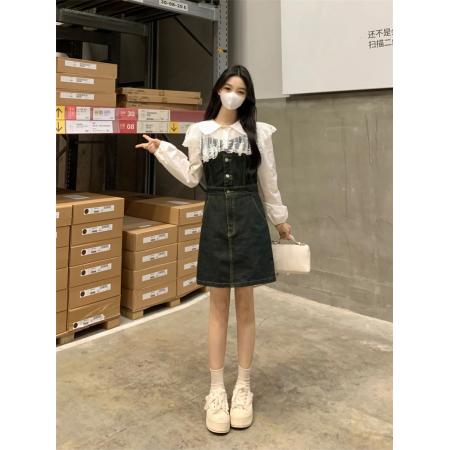 BY11833# ～大码女装时尚高级感显瘦牛仔背带裙+蕾丝拼接领衬衣 服裝批發女裝批發服飾貨源