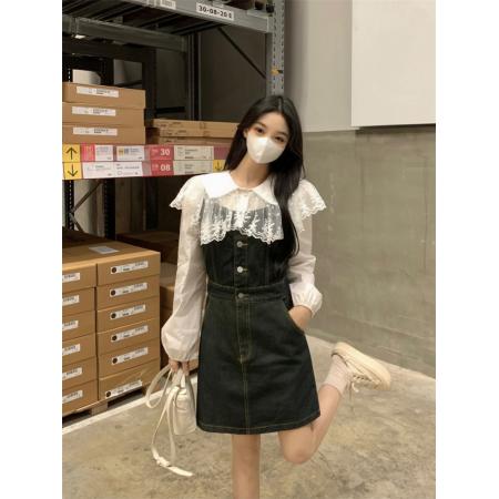 BY11833# ～大码女装时尚高级感显瘦牛仔背带裙+蕾丝拼接领衬衣 服裝批發女裝批發服飾貨源