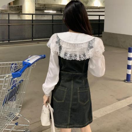 BY11833# ～大码女装时尚高级感显瘦牛仔背带裙+蕾丝拼接领衬衣 服裝批發女裝批發服飾貨源