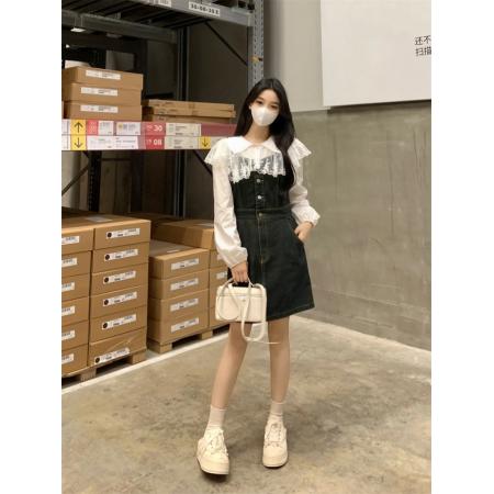 BY11833# ～大码女装时尚高级感显瘦牛仔背带裙+蕾丝拼接领衬衣 服裝批發女裝批發服飾貨源