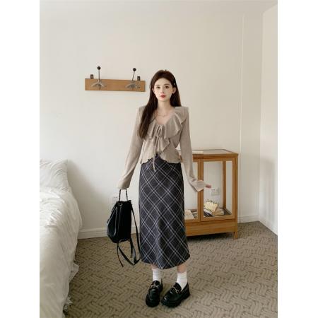 BY11835# ～大码女装V领荷叶边长袖针织衫上衣+高腰格子半身裙 服裝批發女裝批發服飾貨源