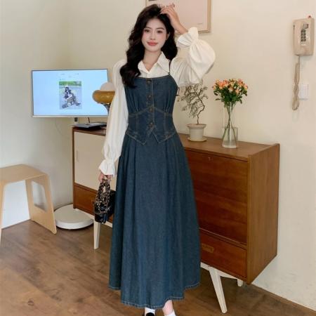 BY11836# ～大码女装显瘦小香风衬衫+法式收腰假两件牛仔吊带连衣裙 服裝批發女裝批發服飾貨源
