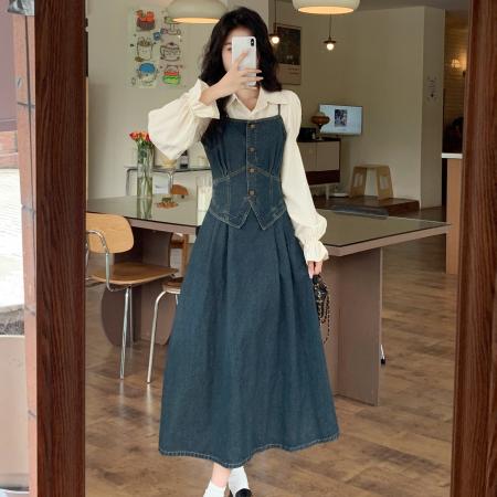 BY11836# ～大码女装显瘦小香风衬衫+法式收腰假两件牛仔吊带连衣裙 服裝批發女裝批發服飾貨源