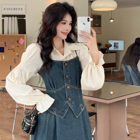 BY11836# ～大码女装显瘦小香风衬衫+法式收腰假两件牛仔吊带连衣裙 服裝批發女裝批發服飾貨源