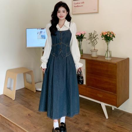 BY11836# ～大码女装显瘦小香风衬衫+法式收腰假两件牛仔吊带连衣裙 服裝批發女裝批發服飾貨源