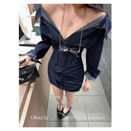 BY11837# 法式一字肩牛仔长袖连衣裙女早春纯欲性感收腰显瘦修身包臀短裙子 服裝批發女裝批發服飾貨源