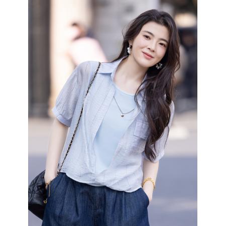 BY11838# 假两件浅短袖衬衫女夏新款背心叠穿两件套 服裝批發女裝批發服飾貨源