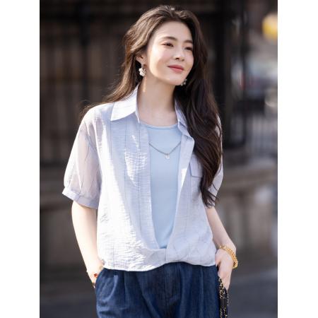 BY11838# 假两件浅短袖衬衫女夏新款背心叠穿两件套 服裝批發女裝批發服飾貨源